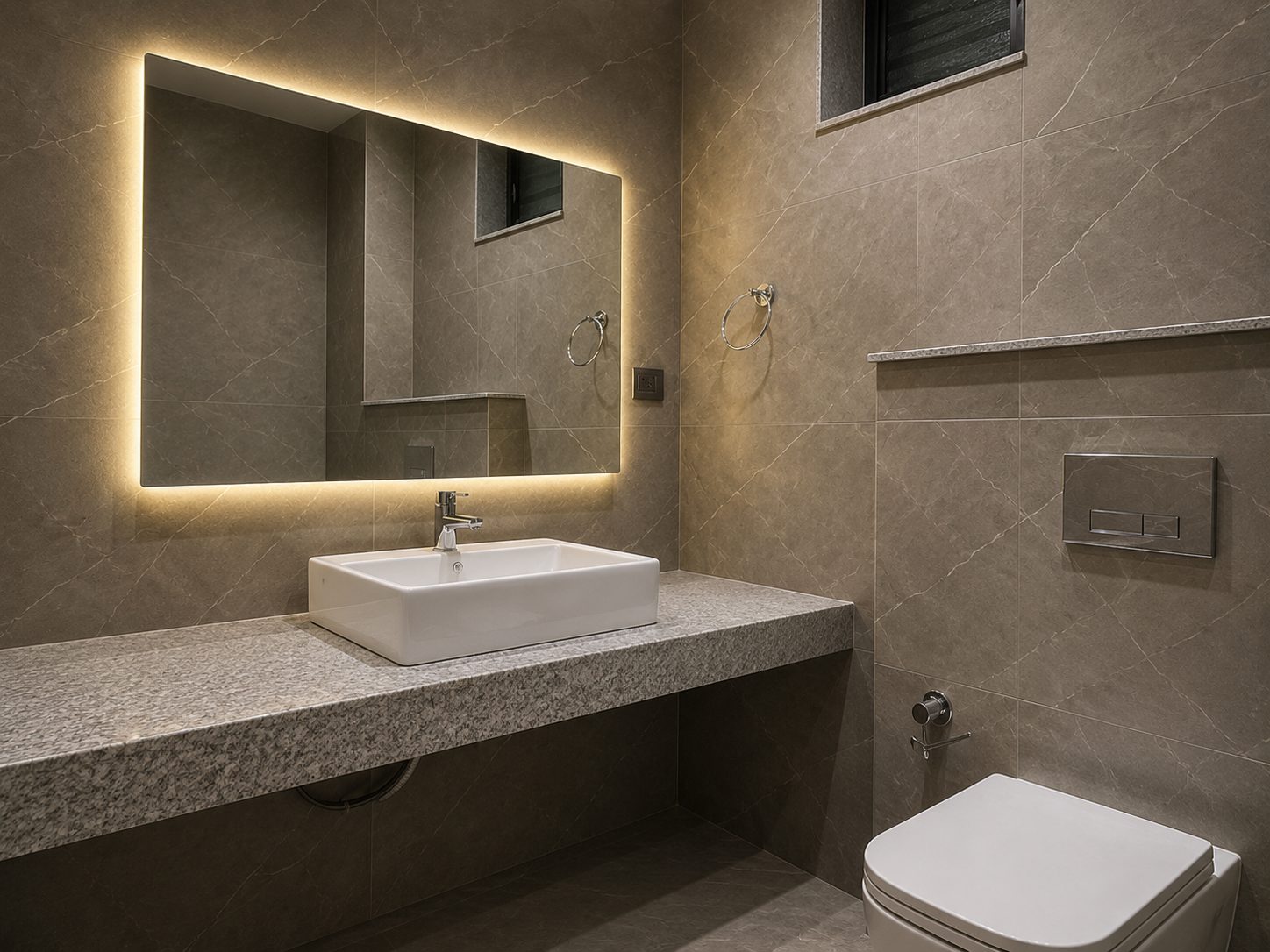 A bathroom in grey stone-look tiles with a backlit mirror over a white vessel basin on a granite counter and a wall-hung toilet.