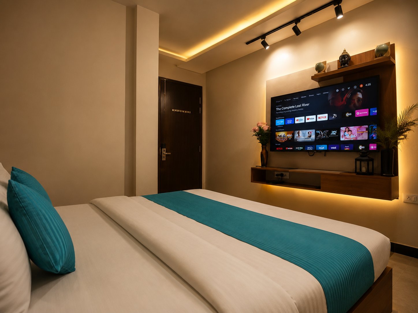 An Executive room at night: a king bed with teal cushions and runner, and a large smart television on a backlit wooden wall unit with shelves and plants.