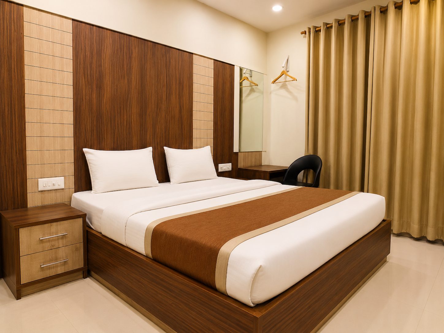 A guest room with a double bed against a walnut and oak panelled wall, a bedside chest of drawers, a small desk with a black chair and gold curtains.