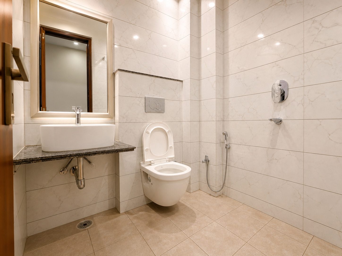 A white-tiled bathroom with a vessel basin on a granite counter under a framed mirror, a wall-hung western toilet and a hand shower.